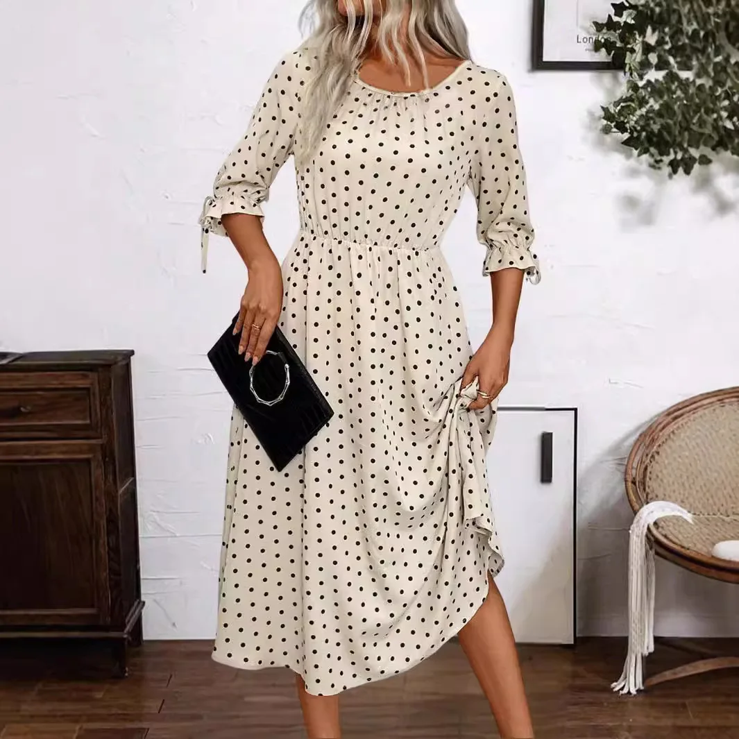 2026 Elegant Comfortable Polka Dot Printed Beach Vacation Dress For Chinese New Year Season Rustic Style Women A-line Long Dress