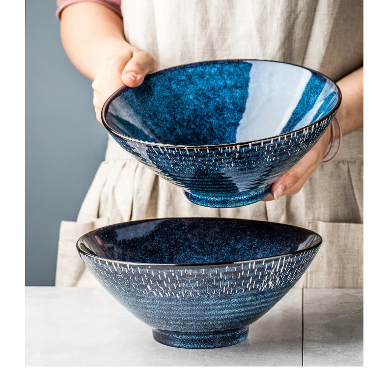 

Синяя керамическая миска с лапшой, большие миски для супа, тарелка с фруктами и салатом, ужин, десертное блюдо, декоративная посуда