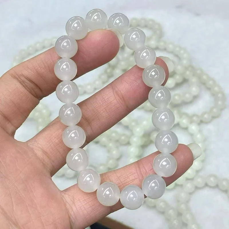 Natural Hetian Qinghai White 10Mm Single Circle Round Bead Jade Jewelry Bracelet Accessories