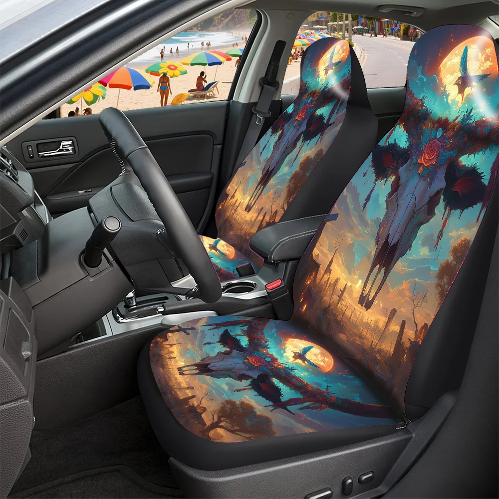 2-5 Seat Set Car Seat Covers Premium Bull Head Sunset Print Breathable Fit For Truck SUV Off-road Car Stylish Holiday Gift Hall