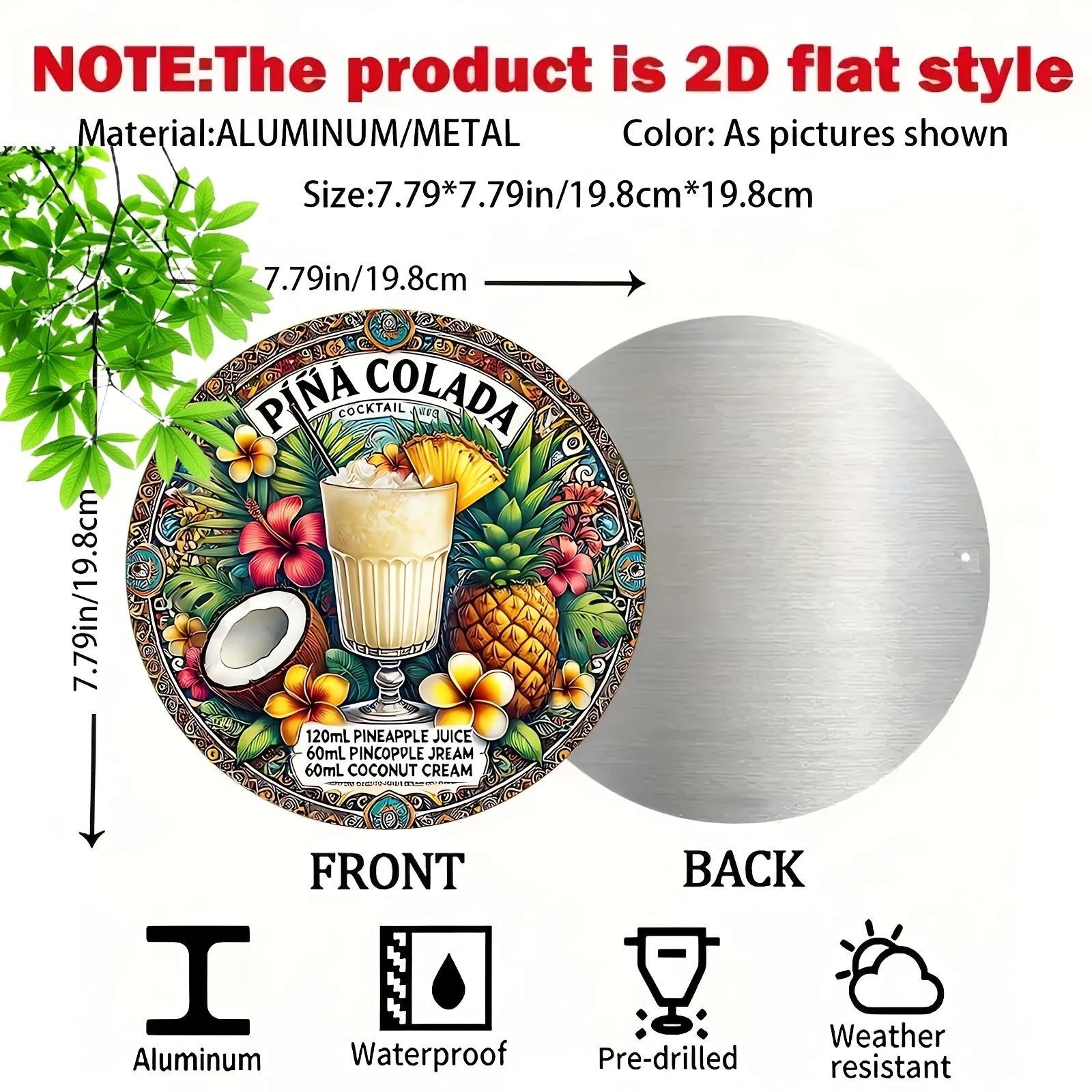 2D Flat, 1pc Vintage Tropical Metal Wall Art Sign - Vibrant Pina Colada Cocktail Design with Pineapple, Coconut, Hibiscus & Palm