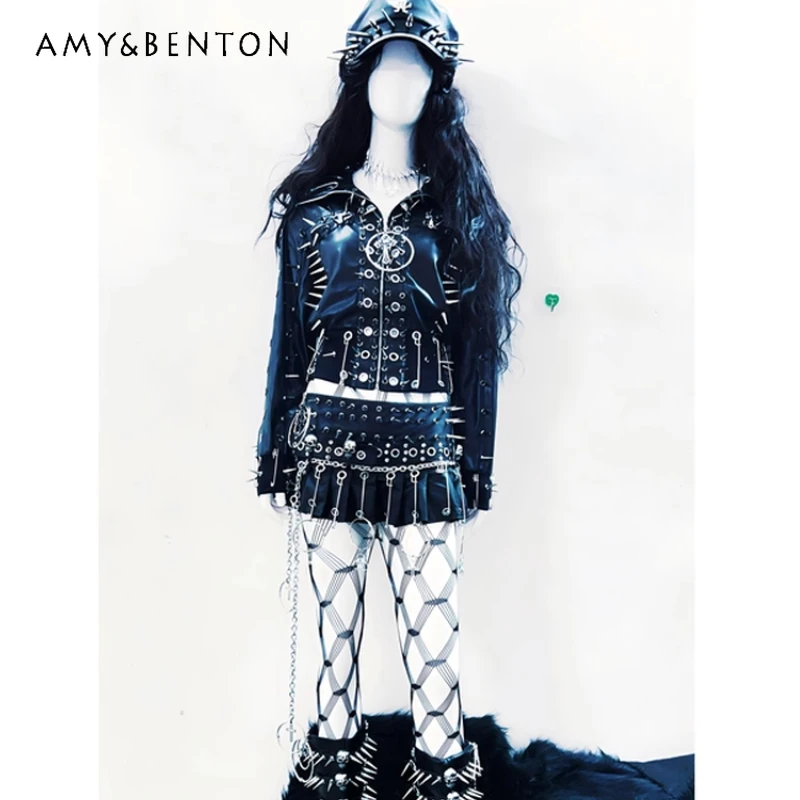 

Original Design Gothic Dark Heavy Metal Women's Leather Jacket Autumn New Punk Sweet Cool Rock Stage Performance Sets Ladies