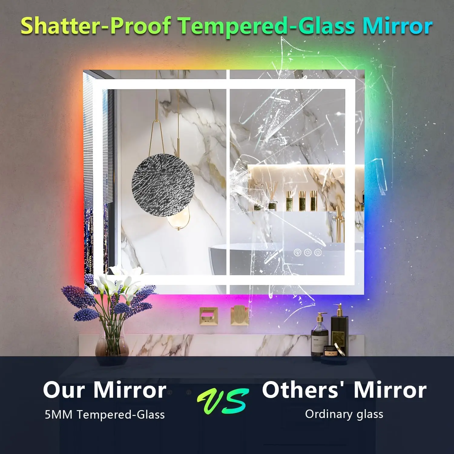 40x32 Inch RGB LED Bathroom Mirror Front Light and RGB Backlit Lighted Vanity Mirror for Bathroom Wall Mounted Dimmable