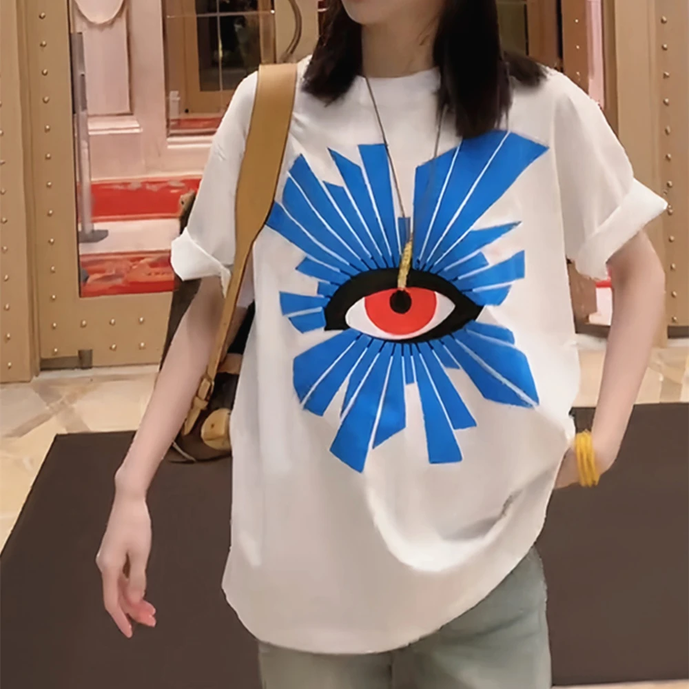 Cotton Blue Geometry Creative Eye Printed T Shirts Men Women High Street Fashion Graphic T-shirt Casual O-neck Summer Tees Tops