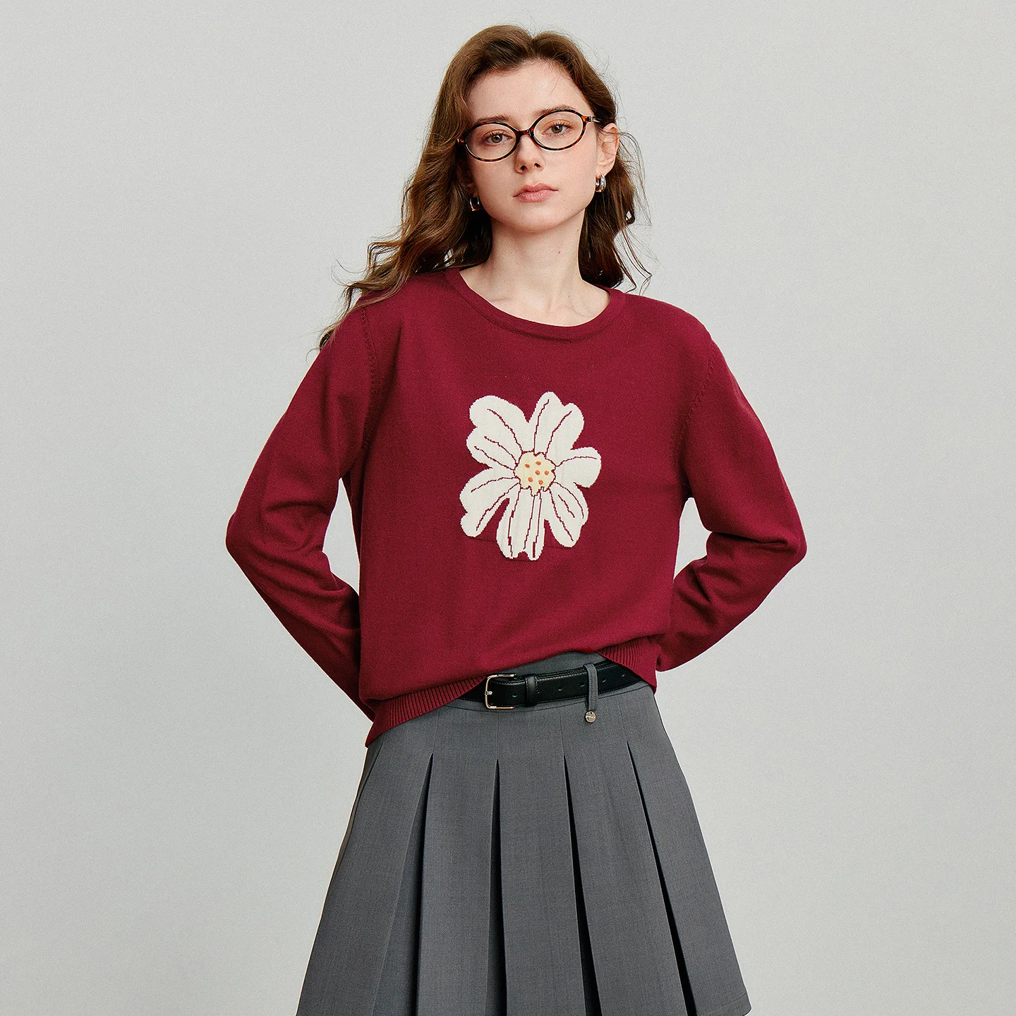 TOYOUTH Women Knitted Sweater 2025 Autumn New Flower Jacquard Color Contrast Long Sleeve Pullover Tops