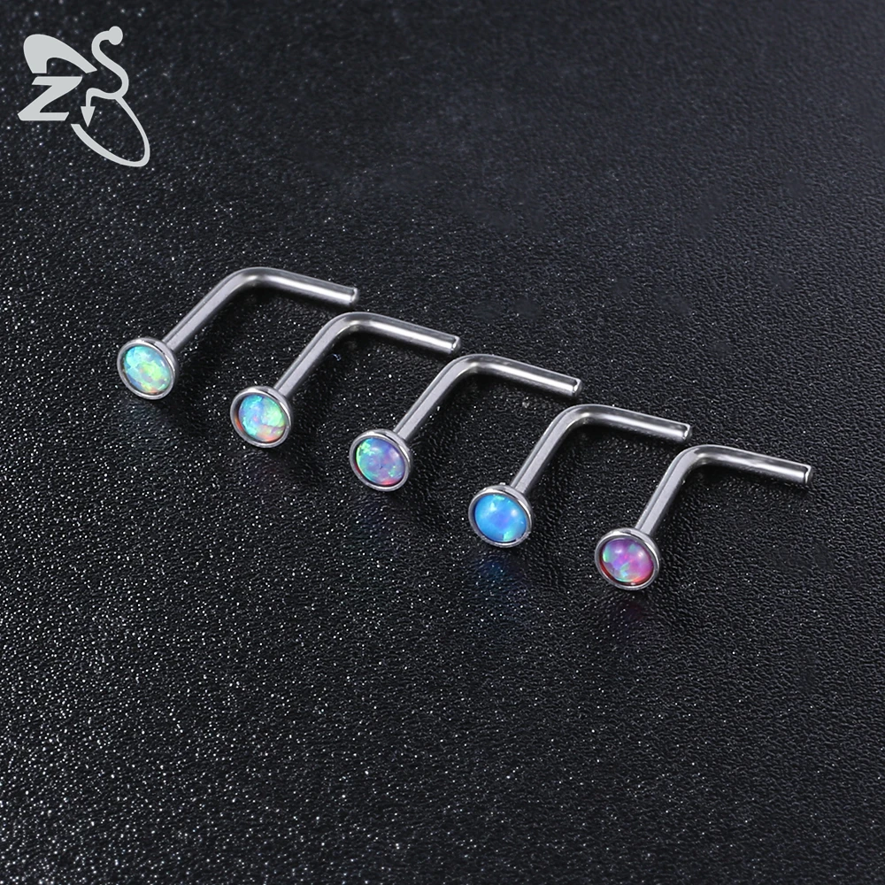 ZS 3-5pcs/lot Stainless Steel Nose Piercing Set Colorful Opal Nose Studs Retainer Pin L Shape 2MM Nostril Piercing Jewelry 20g