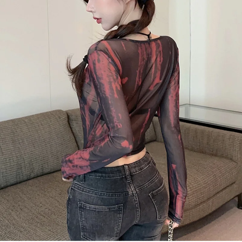 Lamuusaa Grunge Crop Tops y2k Clothes Women Tie Dye Print Tie Front V Neck Long Sleeve Mesh T Shirts 2000s Clothing Streetwear