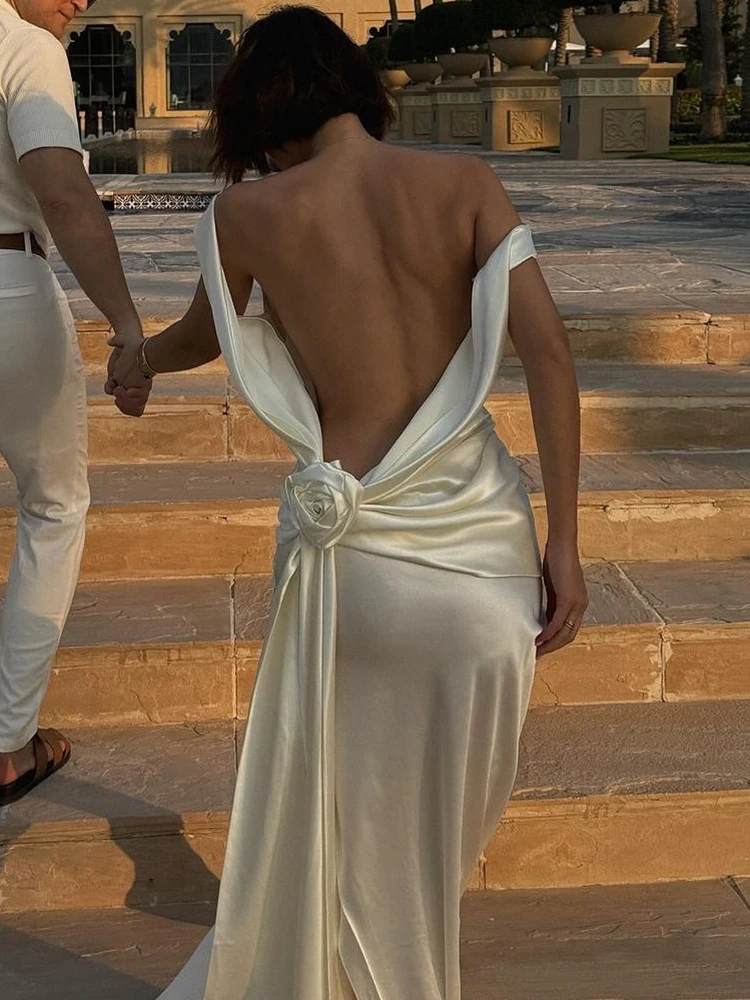 Mozision Satin Backless Sexy Maxi Dress For Women Elegant Rose Thigh High Split Beach Holiday Long Dress Gorgeous Club Gown