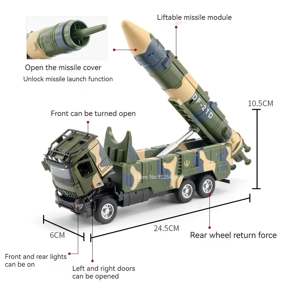 1:35 DF-21D Missile Vehicle Toy Model Car Metal Diecast Sound Light Pull Back Simulation Miniature Truck Models for Kid Gifts