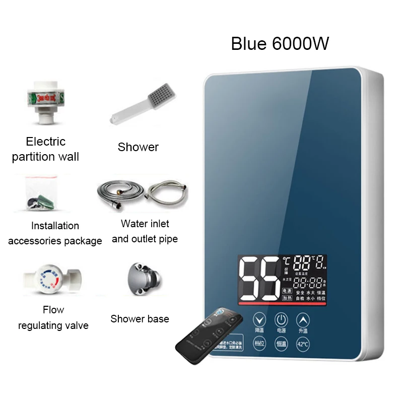 DMWD 6000W Electric Hot Water Heater Instant Kitchen Bathroom Instantaneous Tankless Heating Shower Watering Heaters LED Display