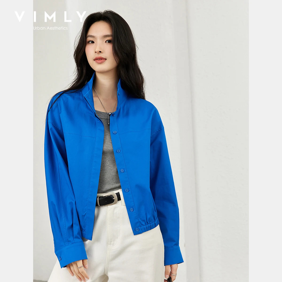 

VIMLY Blue Long Sleeve Shirt Women's 2025 Autumn 100% Cotton Loose Stand Collar Office Wear Button Folds Hem Woman Tops A2000