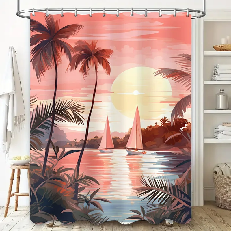Sunset Beach Shower Curtain Polyester Printed Bathroom Decor Tropical Art Theme Home Bath Relaxing Style