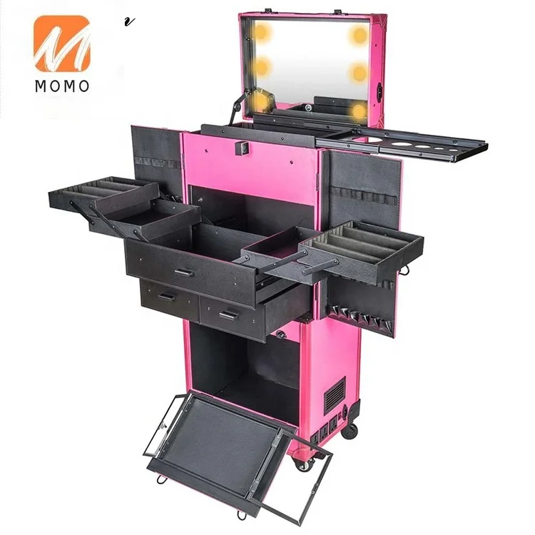 Lighted makeup station, travel trolley large make up beauty vanity professional, lighted aluminum mirror rolling suitcase