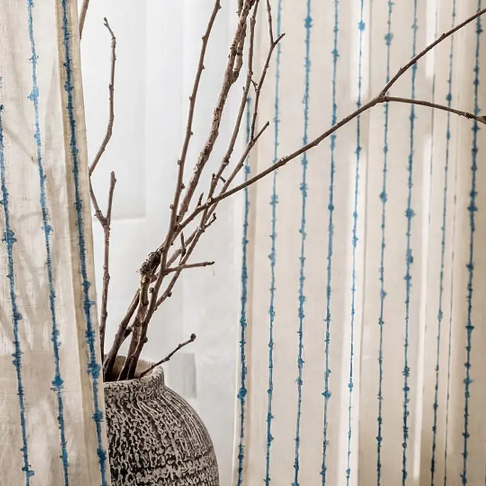 Blue Stripe Mediterranean Jacquard Cotton Linen Window Screen Bedroom Living Room Floor To Ceiling Study Customized Finished