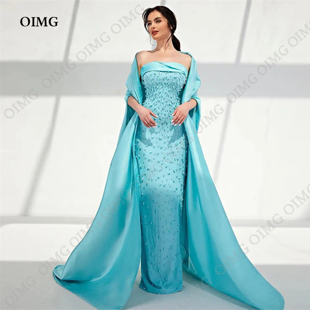 

OIMG Sky Blue Satin Pearls Evening Dress Strapless Floor Length Simple Long Cape Sleeves Prom Gowns For Party Reception Women