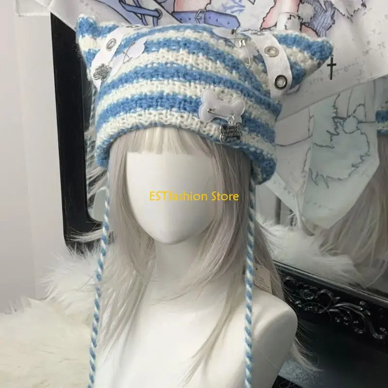 Y5GC القط الأذن قبعة مخططة الثقافة الفرعية الشارع الشهير محبوك 2000s الفتيات الشتاء قبعات كروشيه كول صور الدعائم Y2K GIRL #5