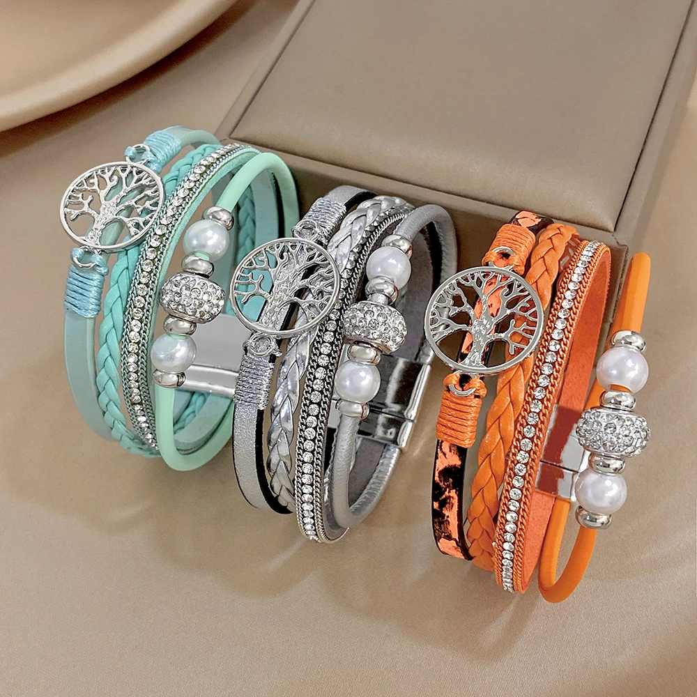 ALLYES Handmade Woven Tree of Life Leather Bracelet for Women Boho Pearl Zircon Beads Multilayer Wrap Bracelets Charm Jewelry