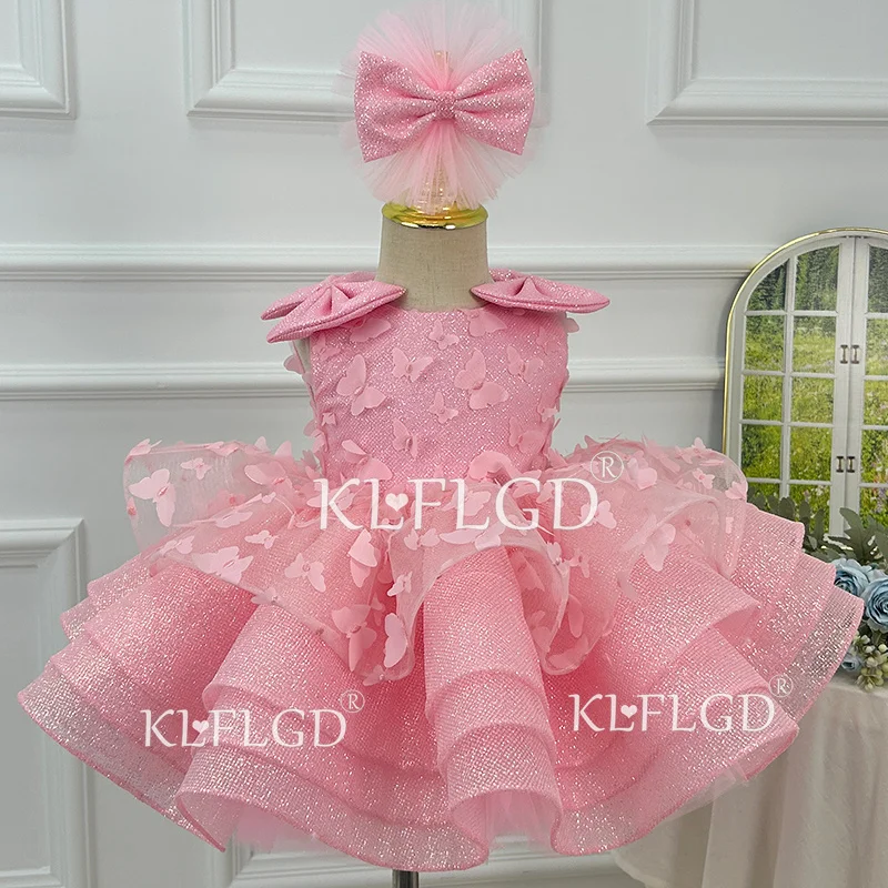 

Pink Gorgeous and Elegant Girl's Christmas Dress with sequins Butterfly Baby Birthday Ball Dress Fluffy Fashion Princess Dress