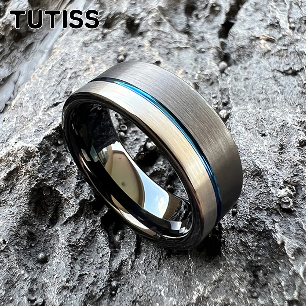 TUTISS-Anillo de carburo de tungsteno para hombre y mujer, sortija de 8mm, Color negro y azul, banda de boda a la moda, ranura Offset, acabado cepillado