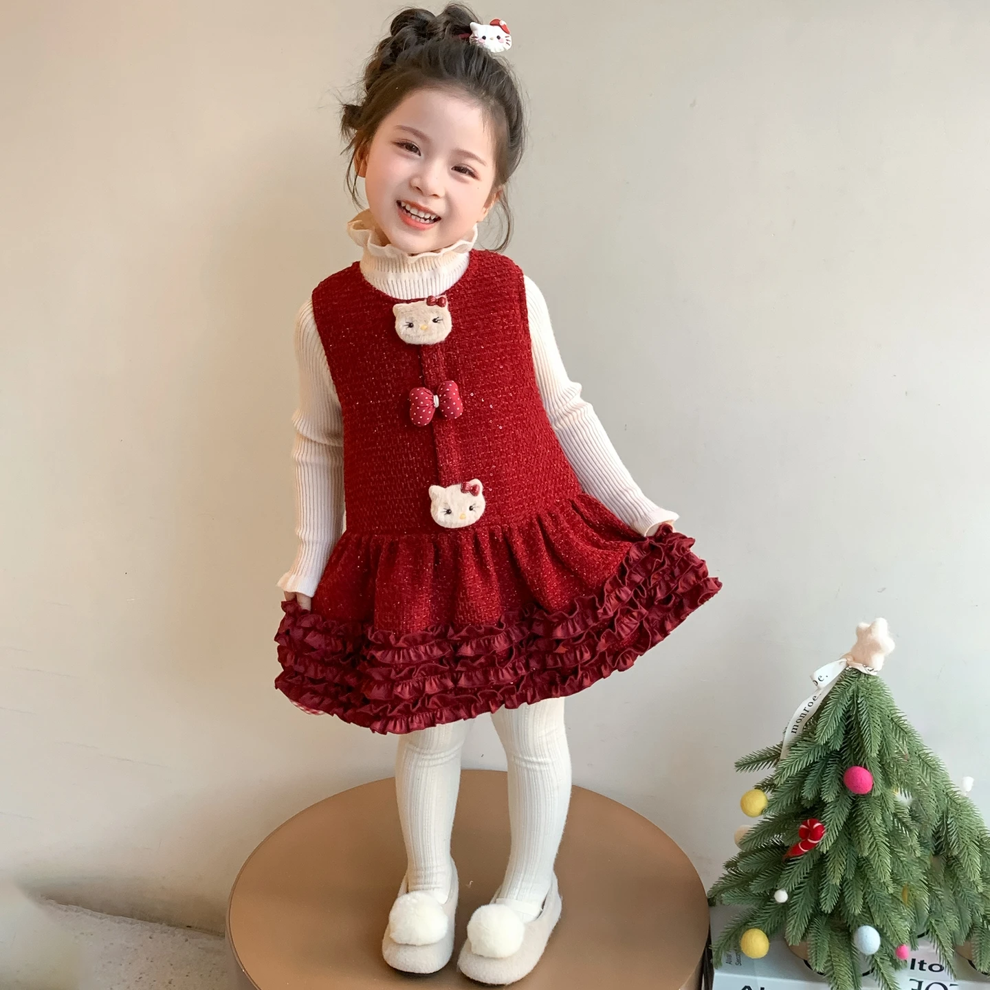 

Комплект платьев с героями мультфильмов для девочек, милое красное флисовое платье с бантом и оборками + свитер с высоким воротником, корейский стиль, модные платья принцессы, костюмы