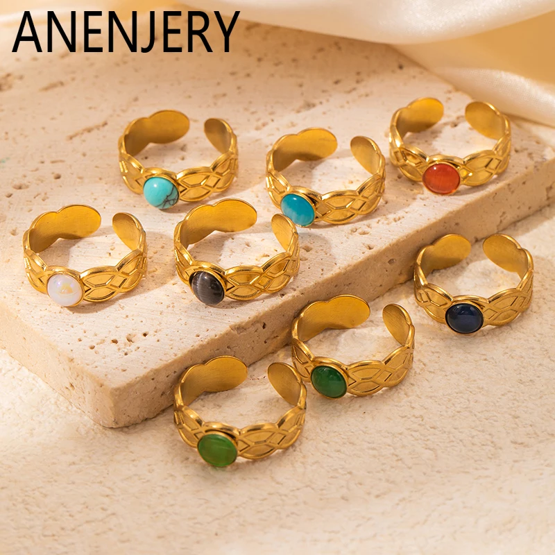 ANENJERY 316L Stainless Steel Colorful Stone Grid Pattern Open Ring for Women Men Simple Personality Jewelry Gifts Wholesale