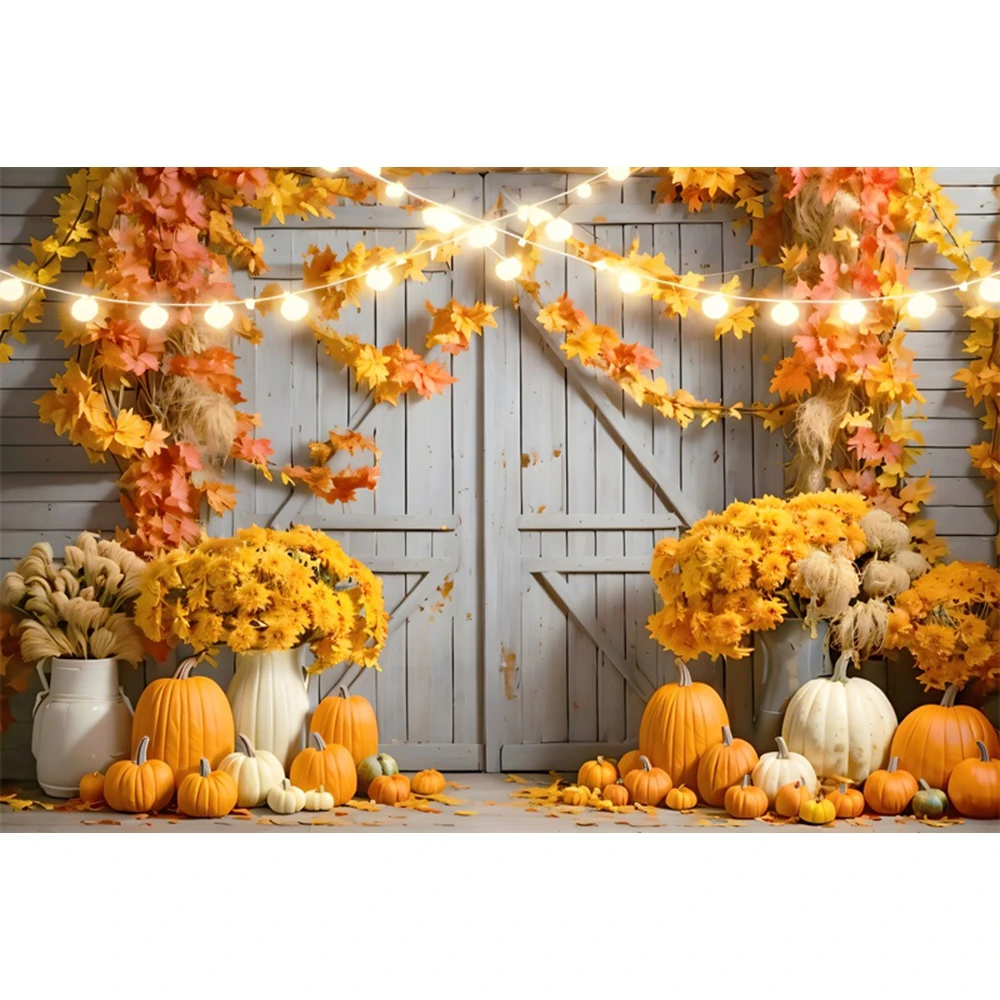 Autumn Scene Backdrop Maple Leaves Pumpkin Window Barn Door Haystack Fall Baby Shower Kids Portrait Photography Background Props