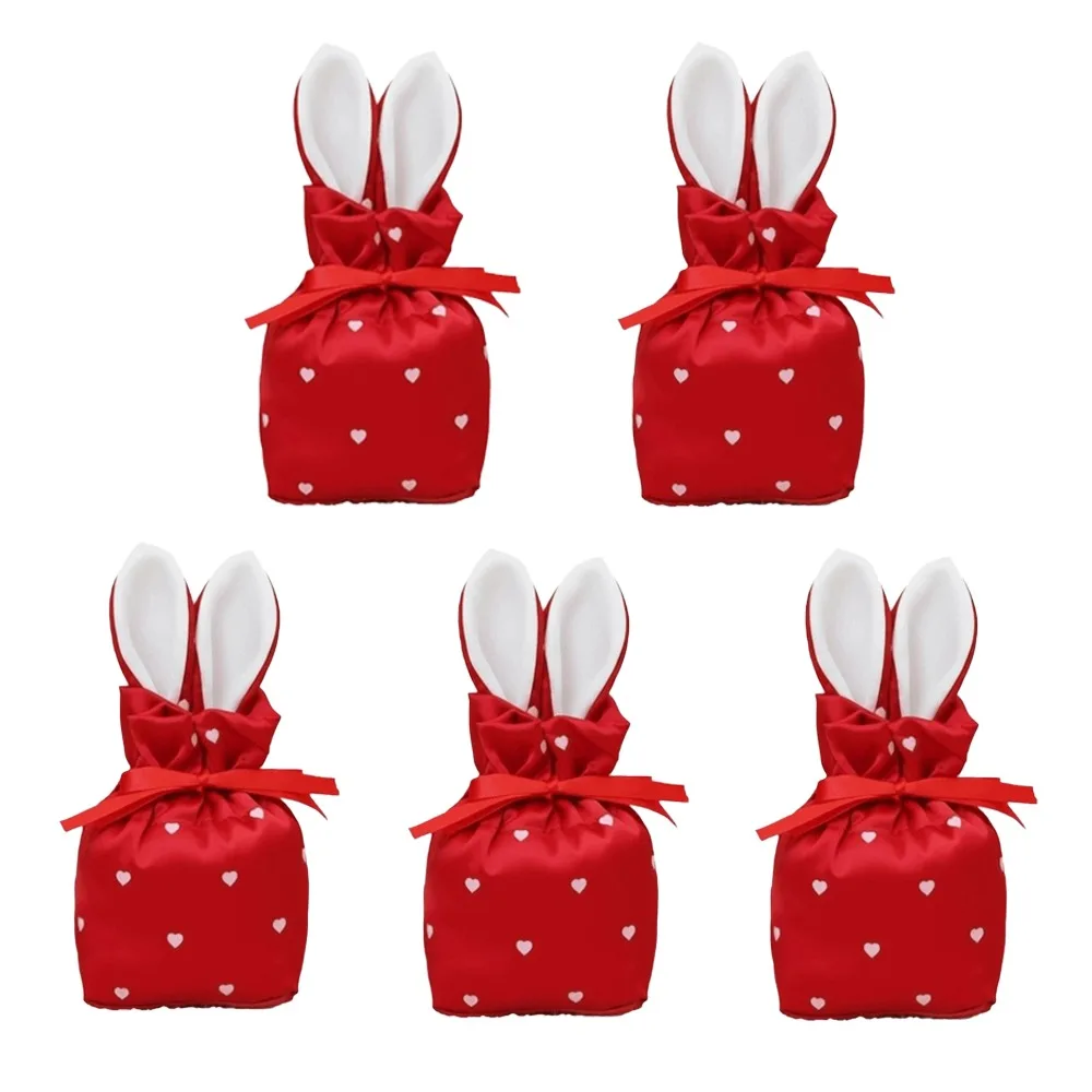 

5 Pcs/Set Kawaii Easter Bunny Gift Bags Durable Heart Printed Rabbit Ears Drawstring Bags Present Pouches Reusable
