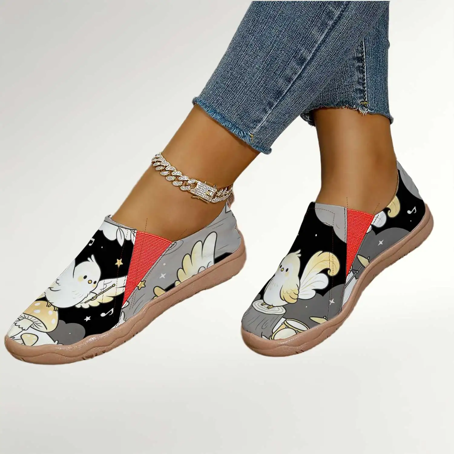 Women's Cute White Bird-Print Slip-On Shoes, Wide-Toe Comfortable Walking Shoes, Lightweight Breathable Canvas Loafers, College-Style Daily Casual Shoes for Wide-Footed Women - view 2