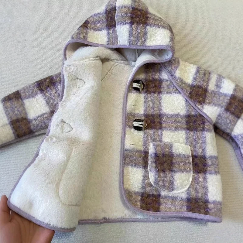 Manteau en laine à carreaux épaissi pour enfants, manteau pour bébé, style occidental, tout-petit, filles, hiver, nouveau, 2022