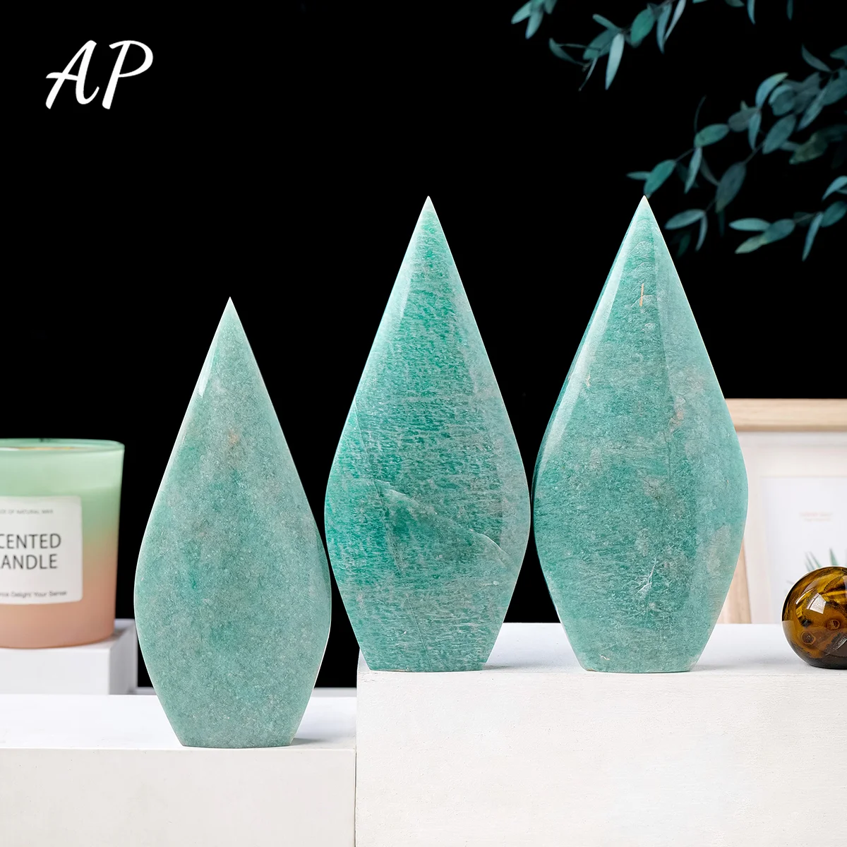 1PC Natural Amazonite Crystal Original Stone Flame Shape Hand-Carved Torch Shape Home Desktop Decoration