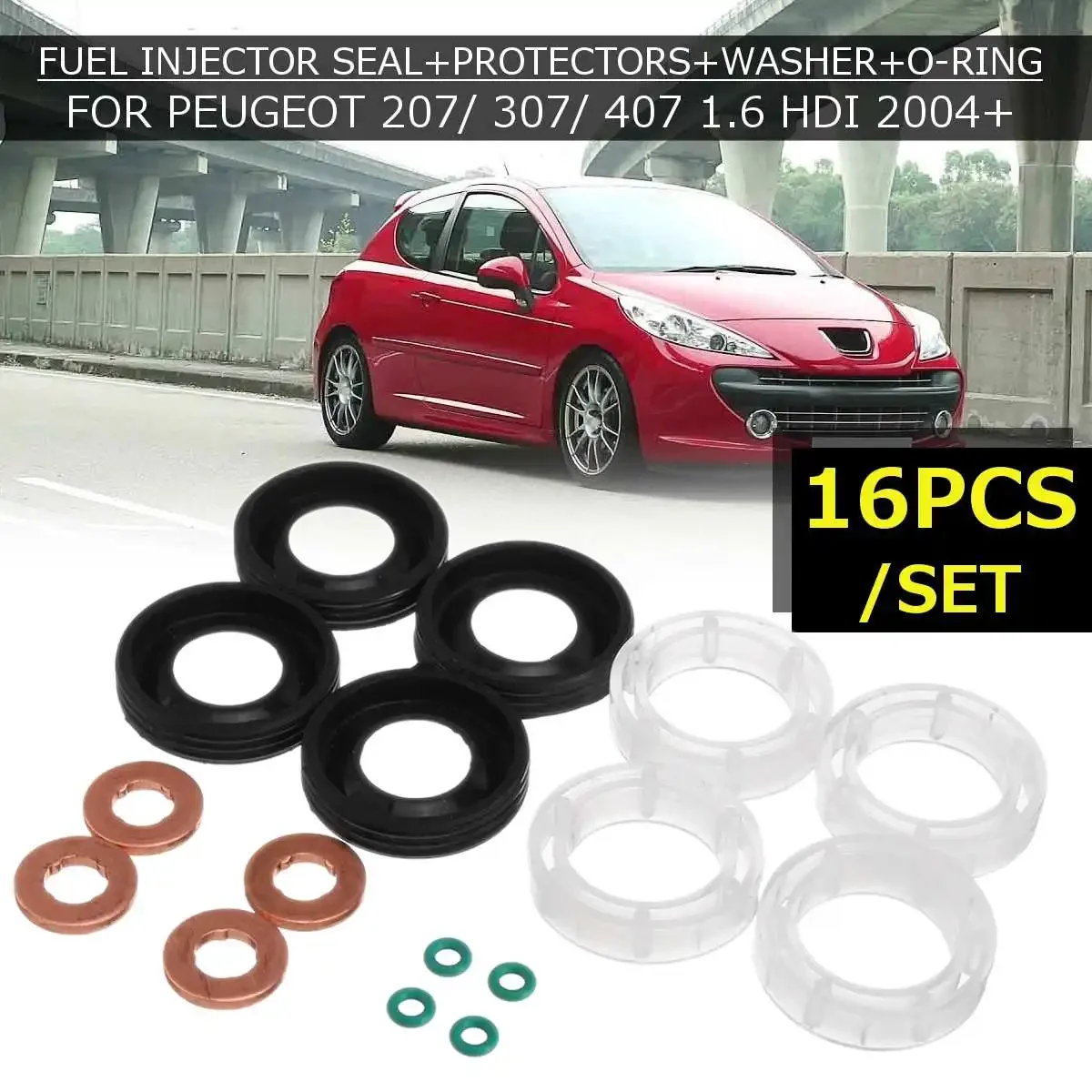 NEW Car  16PCS FUEL INJECTOR SEAL+PROTECTORS+WASHER+O-RING FOR PEUGEOT 207/ 307/ 407 1.6 HDI 2004 Car 198299