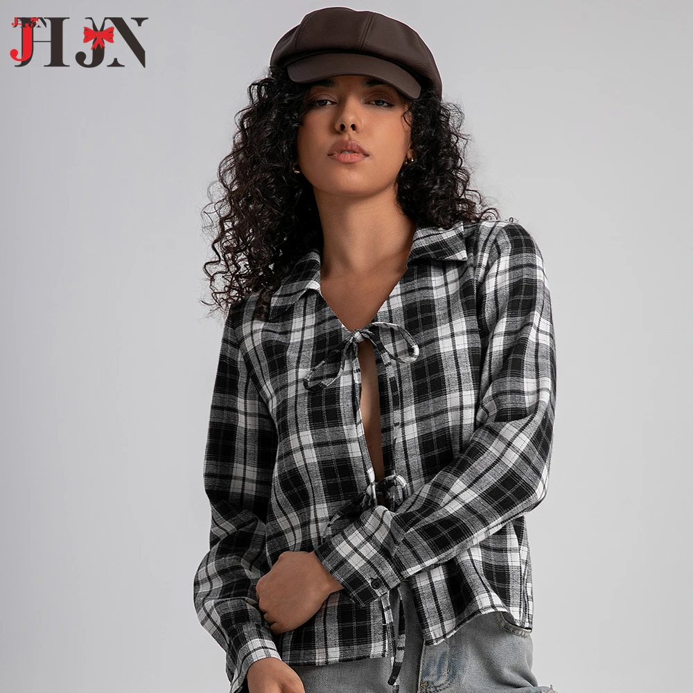 

JHJN Long Sleeved Shirt For Women Lace Up Top Lattice V-neck Shirt Black And White Grid Superior Quality Luxury Brand