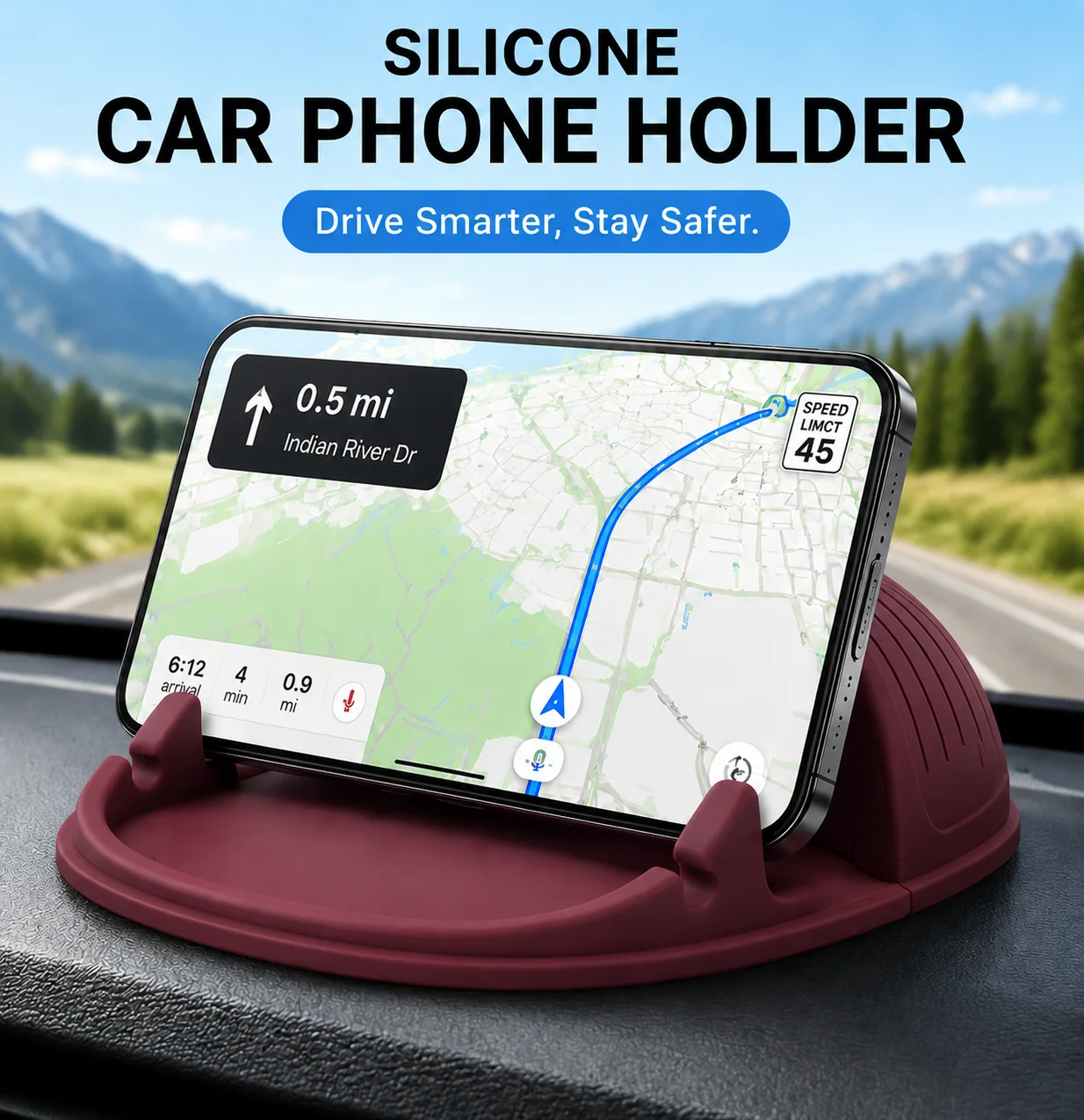 Universal Silicone Car Phone Holder for Dashboard, One-Hand Horizontal Mobile Stand, Anti-Slip GPS Navigation Cradle