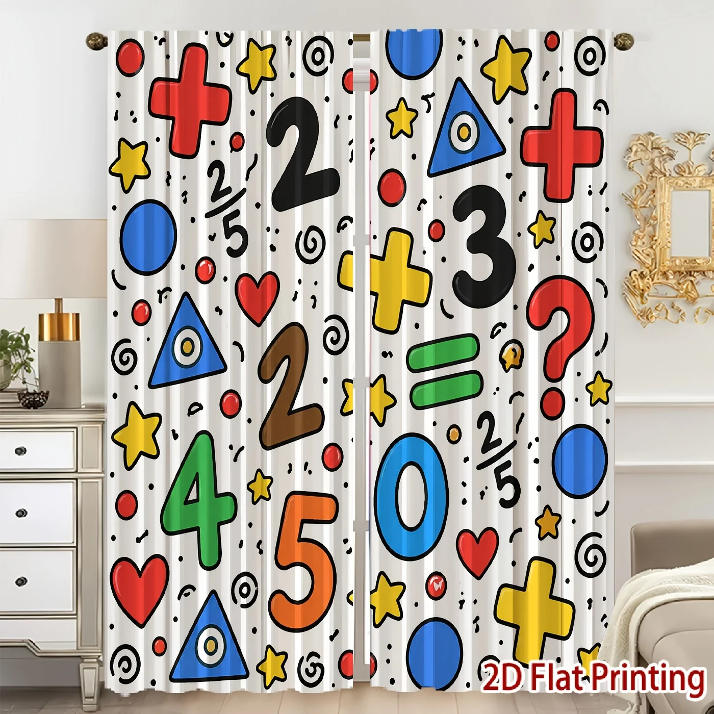 Colorful Math Number Curtain Panels, Fun Symbol Star Heart Print Drapes for Apartment Warm Cozy Kids Living Space Decor