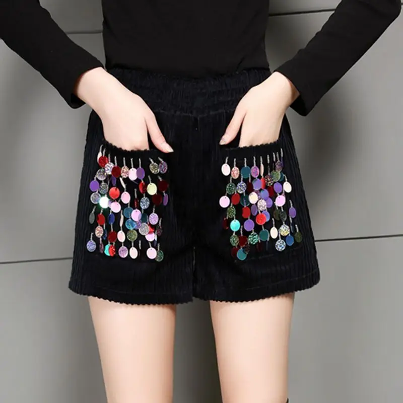 Women's Shorts Loose Wide-leg Casual Pants Large Size Sequined Boot Pants High-waisted Black Leggings
