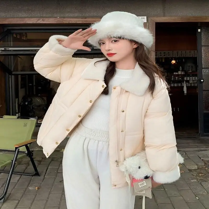 Women's Padded Jacket Outdoor Daily Wear Winter Down Cotton Jacket Short Waist Belted Thickened Warm Faux Fur Collar Coat Tops
