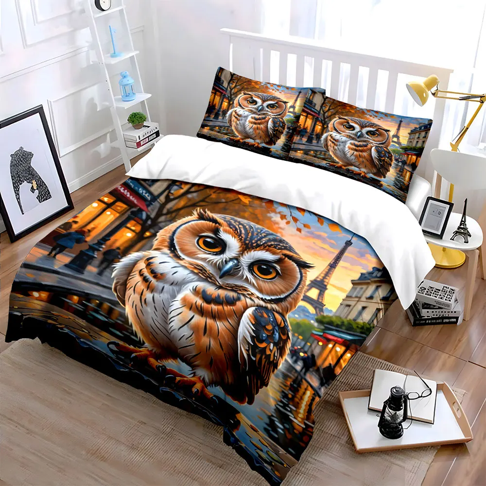 Owl on Parisian Autumn Street Print Bedding Set 1 Duvet Cover 2 Pillowcases for Adult and Children Luxury Gift Full Size