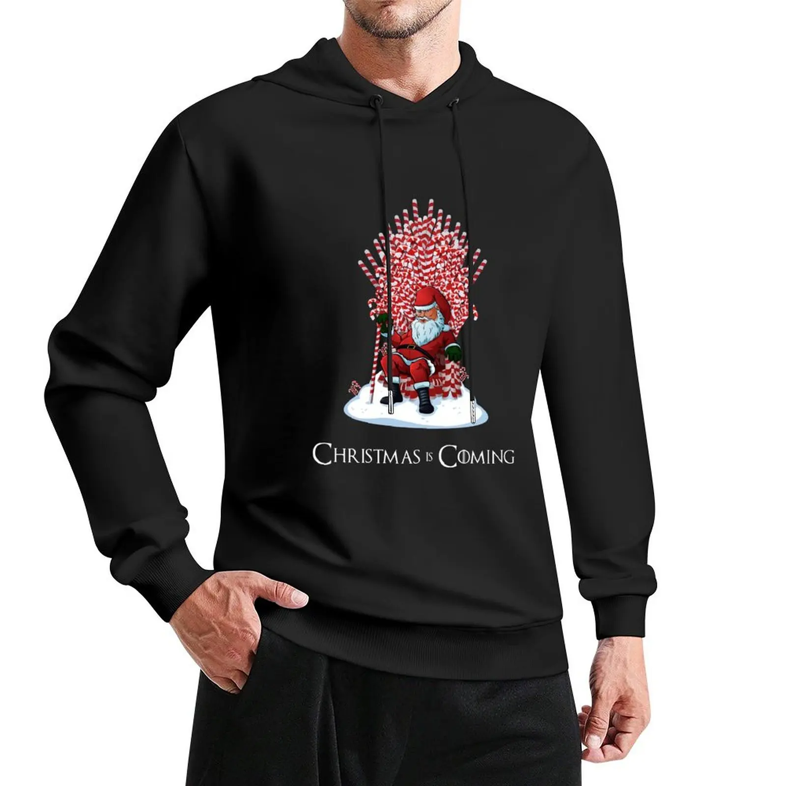 Christmas Is Coming Santa Candy Cane Throne Pullover Hoodie mens designer clothes men's sweat-shirt hoodie graphic