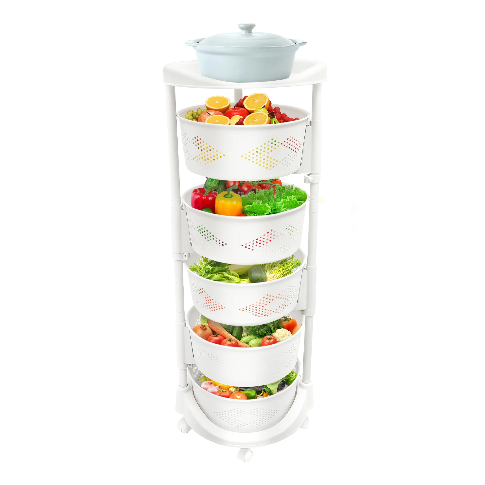 

5-Tier Rotating Storage Shelf Kitchen Rotating Organizer Rack Fruit Vegetable Storage Basket w/ Wheels