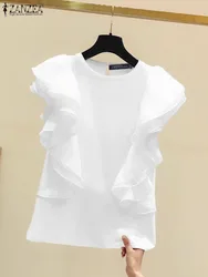 ZANZEA Women 2024 Summer Blouse Fashion Cap Short Sleeve Tunics Holiday Ruffle Stitching Blusas Casual Loose Solid Color Tops