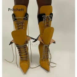 Yellow Suede Patchwork High Heels Boots for Women Pointed Toe Stiletto High Heel Sexy Knee High Women's Boots Winter Shoes
