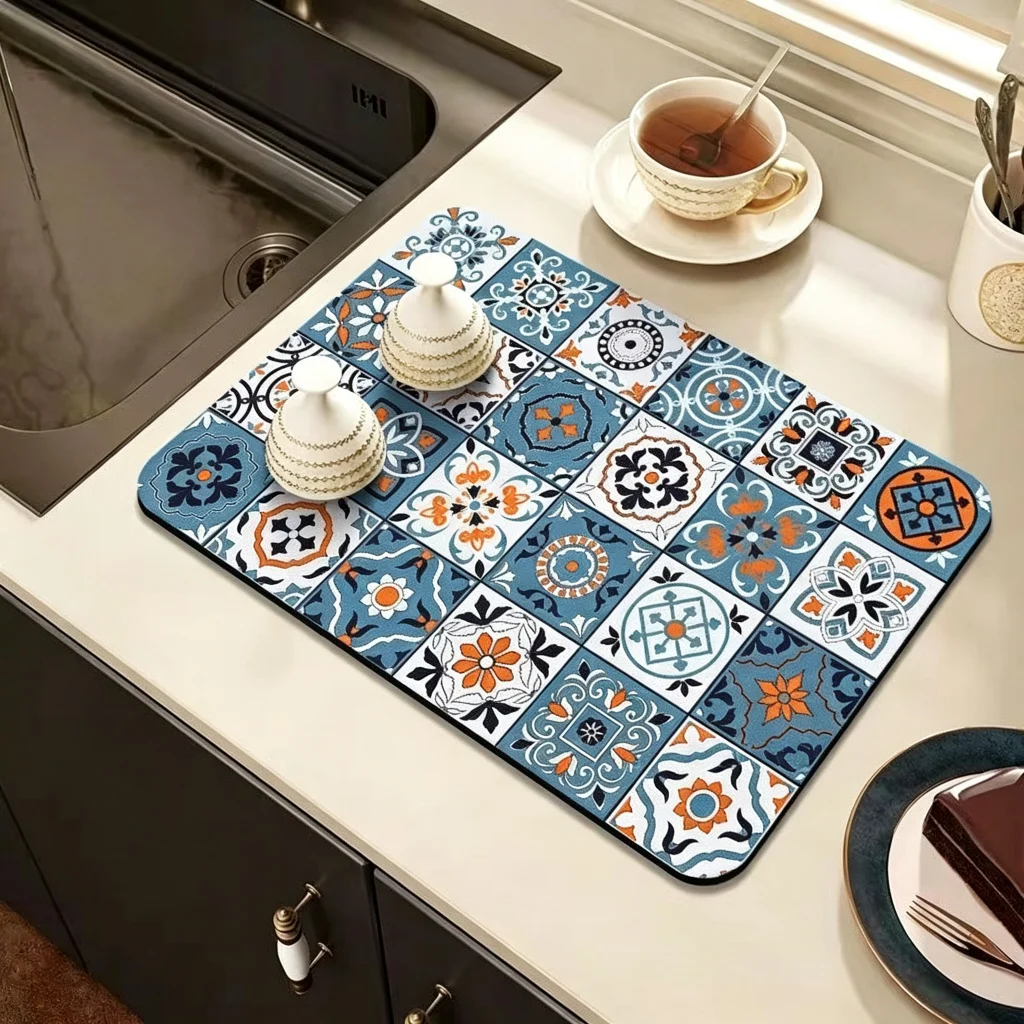 VIKAMA Kitchen Drain Mat Nordic Geometric Heart Snowflake Print Kitchen Counter Mat Highly Absorbent Fast Drying Anti Skid