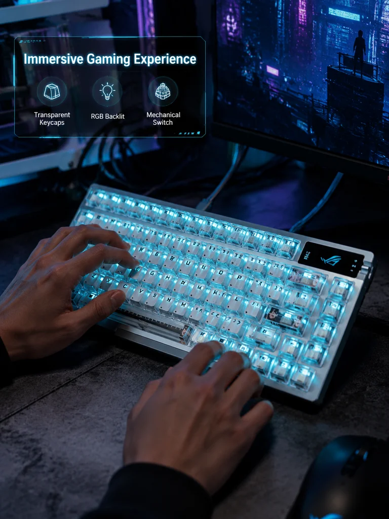 ROG Theme Black White Transparent Keycaps 130 Keys PC Cherry Profile Key Caps for 98 HE Ace 75% Mechanical Keyboard MX Switch