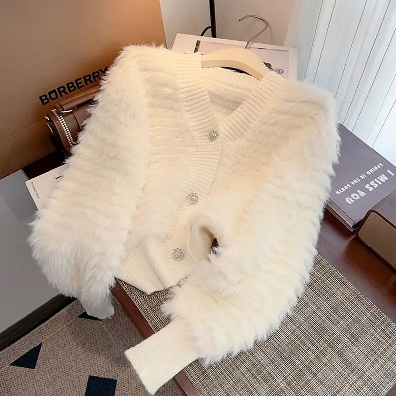 

Весенне-осенний женский бархатный вязаный свитер с имитацией норки, кардиган, пальто, новый цвет, однобортная короткая куртка с v-образным вырезом, женский топ