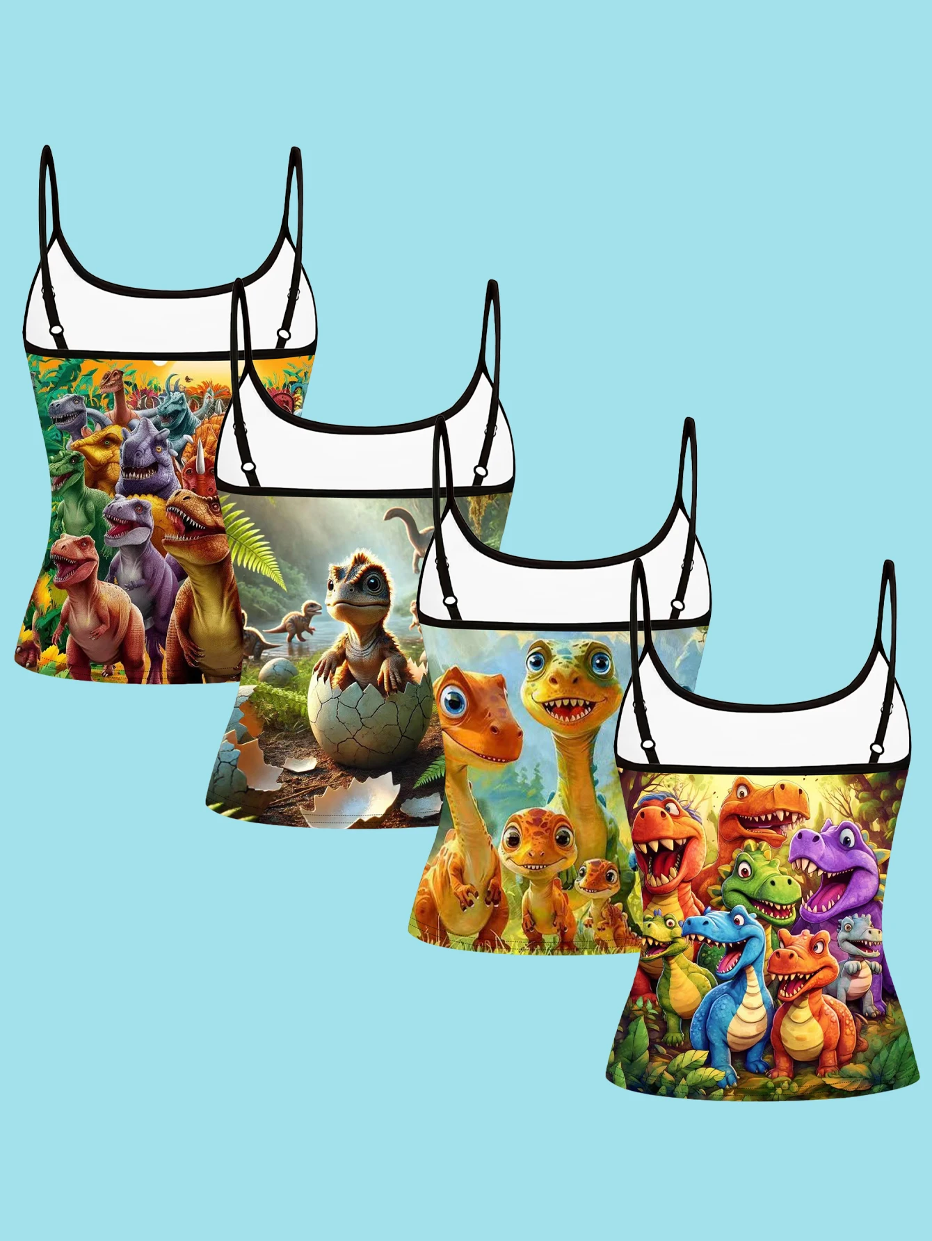 4-Piece Set of Women's Spaghetti Strap Camisoles with Jurassic Cartoon Dinosaur Forest Digital Print, Slim-Fit Sleeveless Tops, Fun Casual Outerwear and Inner Layering Shirts