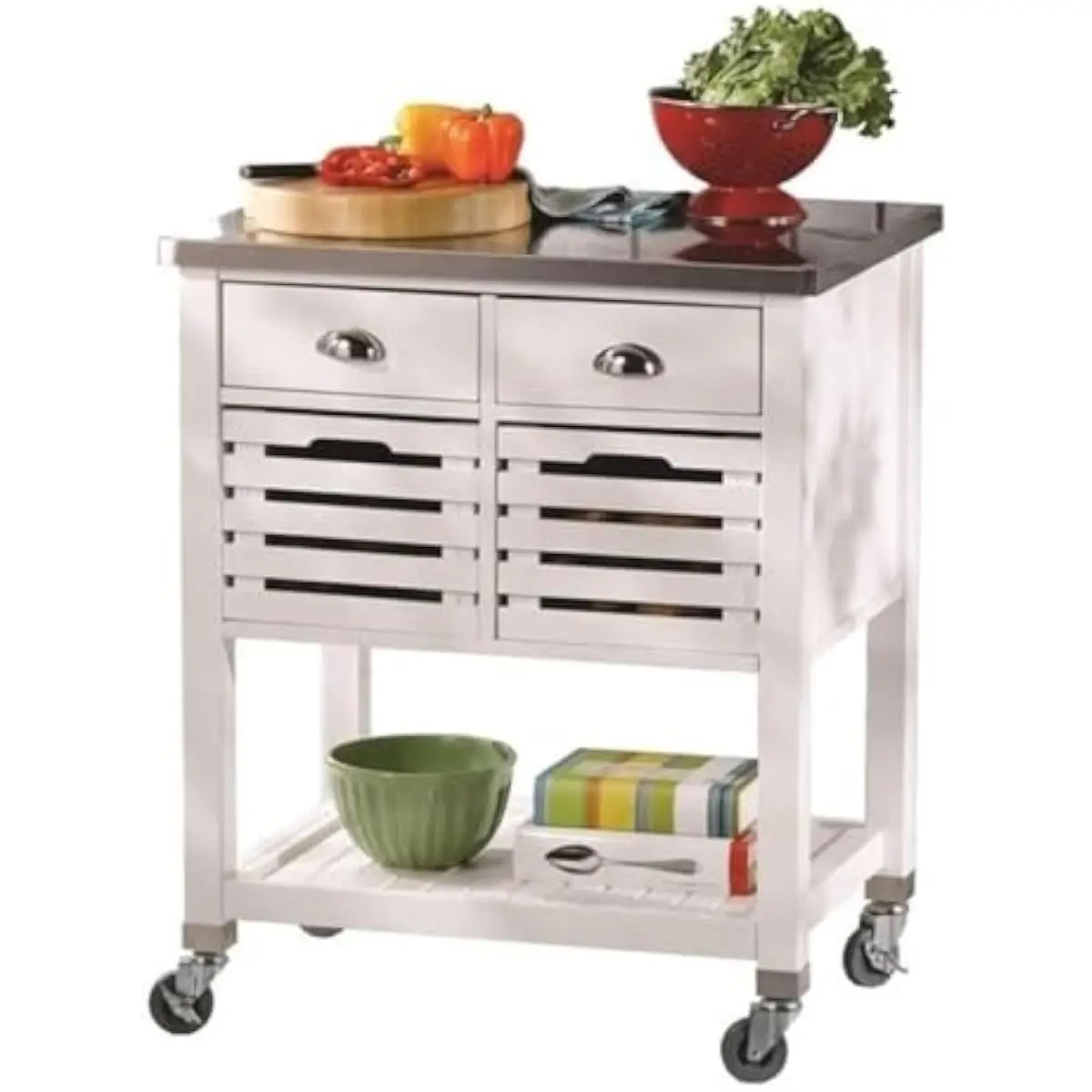Mobile Kitchen Cart with Stainless Steel Top and White Finish | 36 H x 30 W x 22 D Inches | Pine Wood and MDF Construction | Two