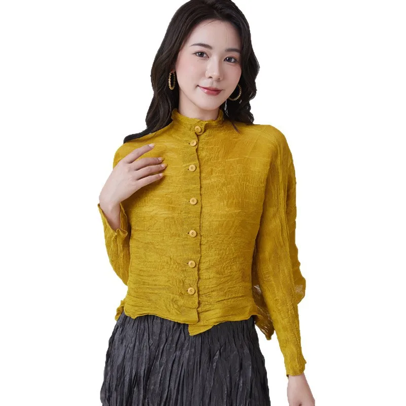 Solid Color Cardigan Lightweight UV Protection Long-sleeved Jacket Miyake Summer Solid Color Retro Pleated Versatile Top 2025