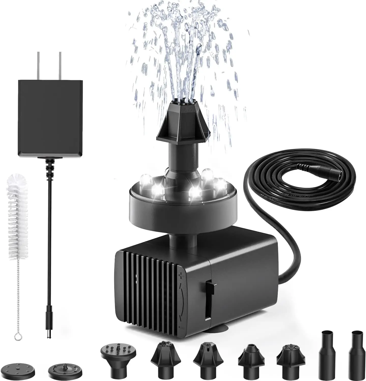 

24-Hour Plug-In Bird Bath Fountain, DC 12V Pump with LED Light, 7 Nozzles, Adjustable Flow, 16.4Ft Cord, White