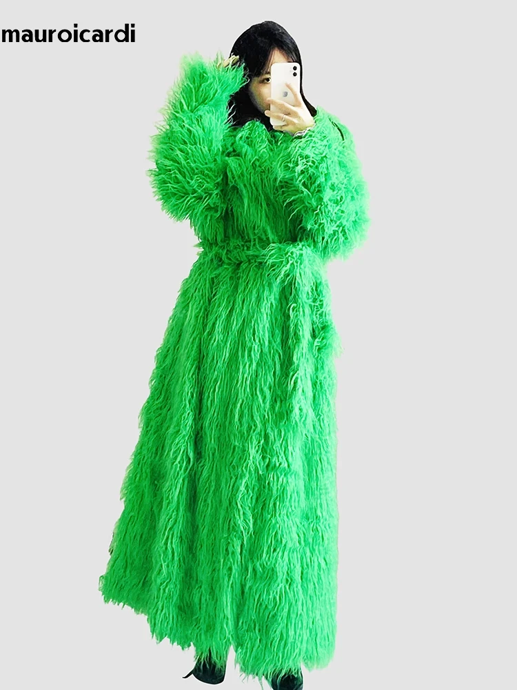 Mauroicardi Winter Extra Long Oversized Bright Green Colored Hairy Thick Warm Soft Shaggy Faux Mongolian Fur Coat Women Sashes