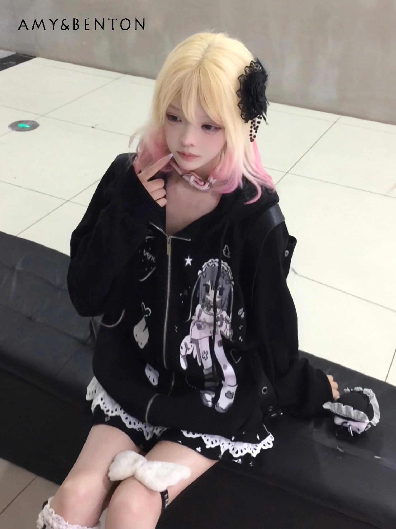 اليابانية لطيف أنيمي الكرتون طباعة مقنعين المرقعة اللون الستر للنساء كلية نمط الحلو بارد تنوعا معطف غير رسمي فضفاض #3